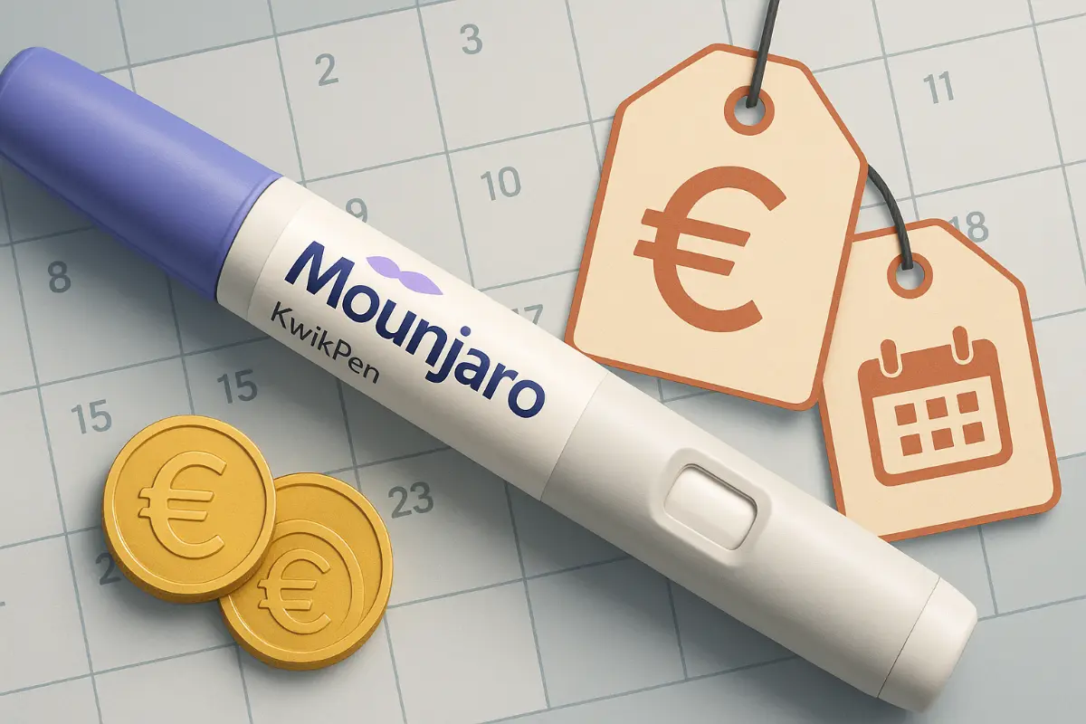 Mounjaro KwikPen z etykietą ceny i kalendarzem – wizualizacja miesięcznego kosztu leczenia tirzepatydem.