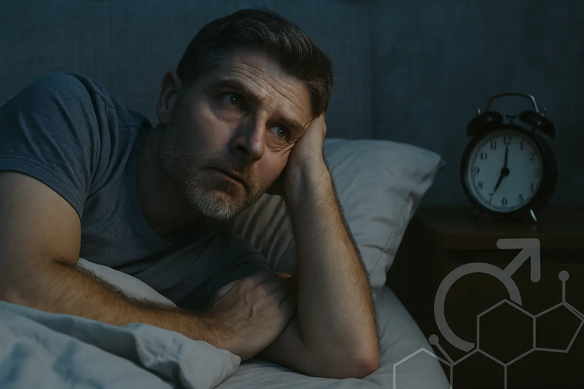 Zaniepokojony mężczyzna po czterdziestce leży w łóżku nocą, nie mogąc zasnąć, obok zegar i symbol męskich hormonów