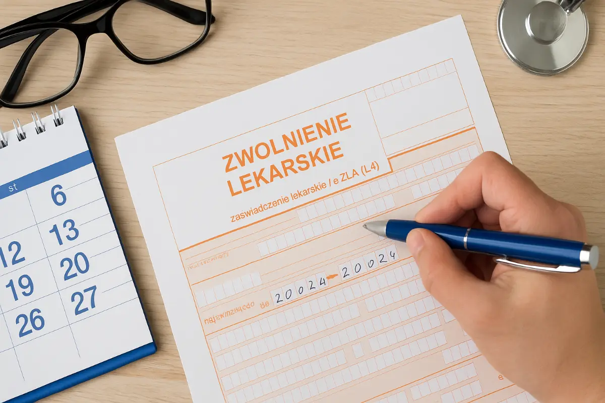 Zaświadczenie lekarskie L4 z napisem „Ciągłość zwolnienia lekarskiego” obok kalendarza i stetoskopu na biurku