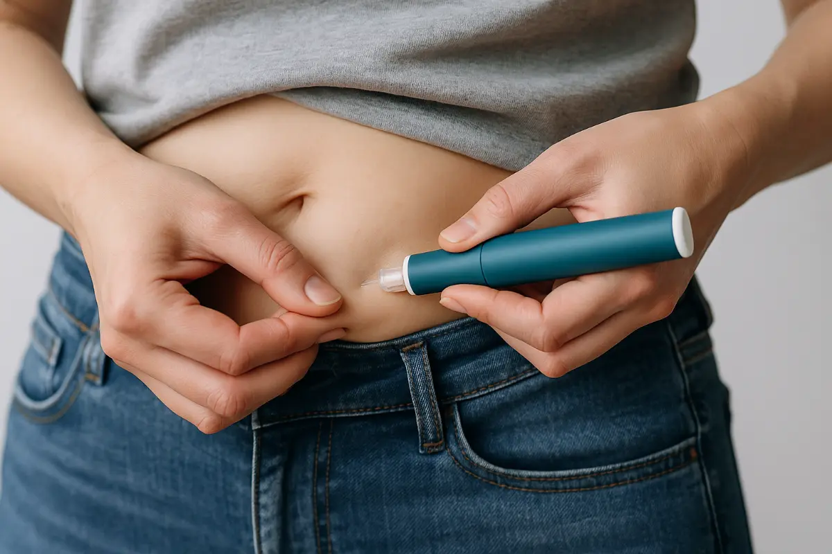 Prawidłowe wstrzyknięcie Ozempic – technika iniekcji podskórnej Kobieta wykonująca zastrzyk Ozempic w przednio-boczną część uda, z użyciem pena insulinowego