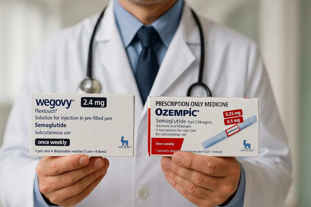 Lekarz w białym fartuchu trzymający w rękach opakowania leków Wegovy i Ozempic z semaglutydem
